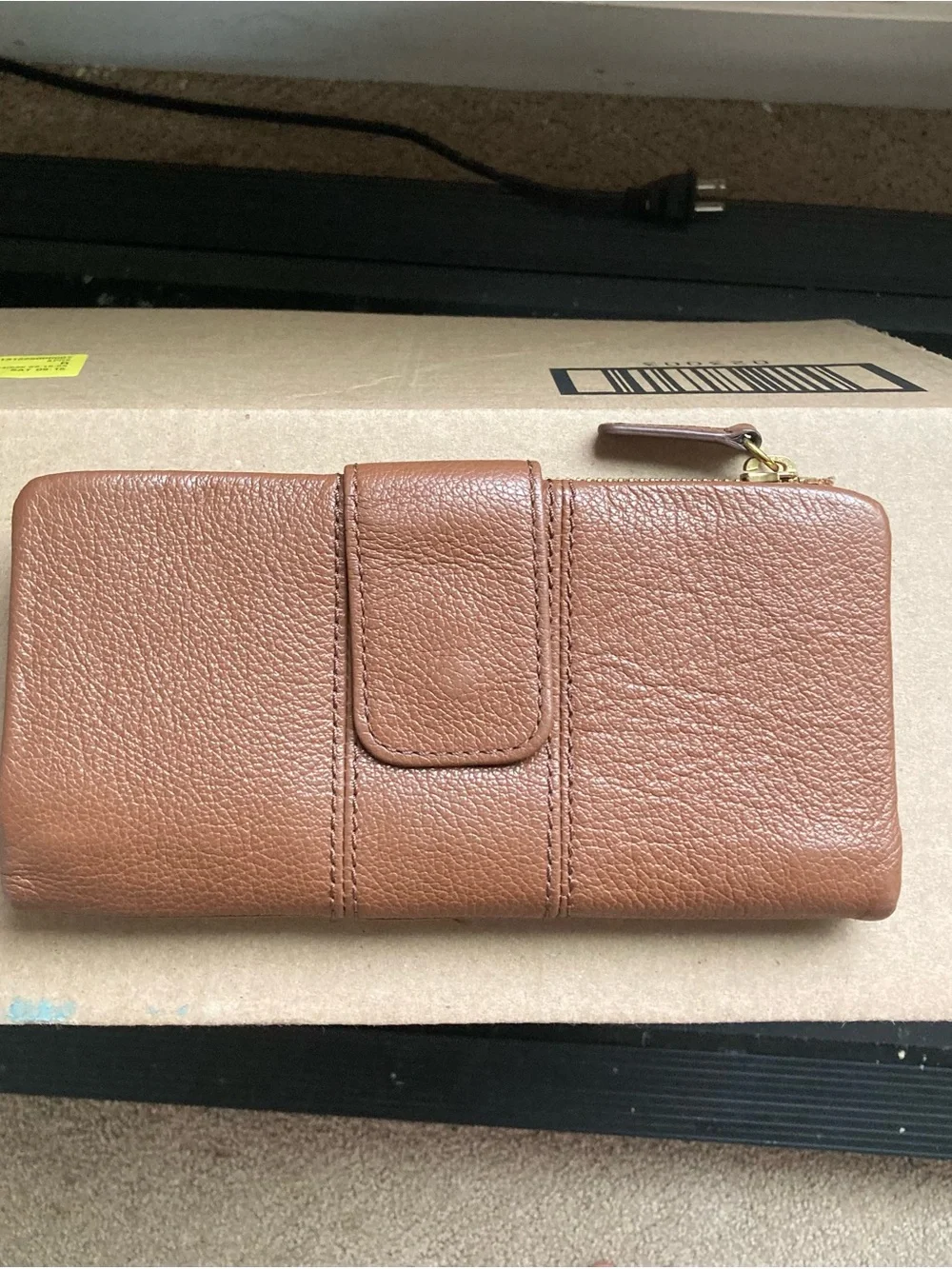 Fossil Leather Zip Wristlet Wallet — Tan Brown with Gold Hardware